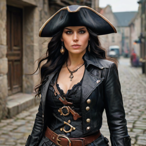 Create a portrait of a fierce female pirate. She wears a leather tricorn hat adorned with a skull and crossbones emblem, and her long, dark hair flows around her face. Her outfit consists of a richly detailed leather jacket, a corset, and multiple layers of belts and accessories, giving her a formidable and stylish appearance. She stands confidently in a dimly lit, historic port town, with a backdrop of weathered buildings and cobblestone streets, capturing the adventurous spirit of a pirate.
