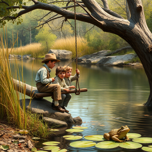 Imagine a small group of old fashioned young boys out fishing by the creek, a swing hanging from a tree branch, reeds and grasses by the water's edge, a frog sitting on a lily pad, dragonflies hovering over som water plans, a very iconic old fashioned scene reminiscent of a Norman Rockwell painting style