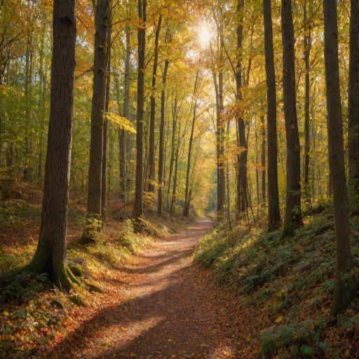 a tranquil autumn forest path surrounded by colorful foliage and dappled sunlight filtering through the trees
