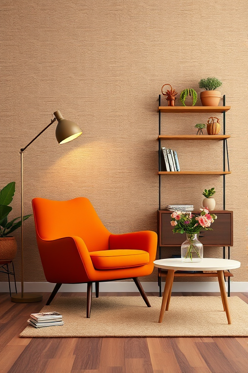 Create a cozy living room interior with a modern aesthetic featuring an orange armchair, a stylish floor lamp, a small coffee table with a vase of flowers, and shelves with books and plants on a textured brown background, captured with a DSLR camera at f/2.8 aperture, ISO 100, 50mm lens, and a soft-focus effect for a warm ambiance.