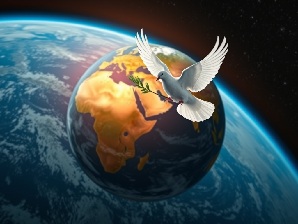 Generate an image of Earth viewed from space with a white dove holding an olive branch, vibrant colors with a deep starry background, use a Canon EOS R5 with a 24-70mm f/2.8 lens, set aperture to f/8, ISO 100, and shutter speed 1/200 sec for enhanced clarity and detail.