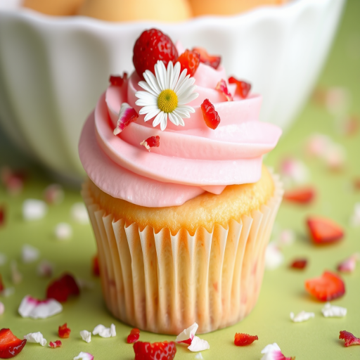 A close-up of a delicious cupcake with pink frosting topped with a small daisy and crushed strawberry pieces surrounded by scattered flower petals on a green surface with a blurred bowl in the background.