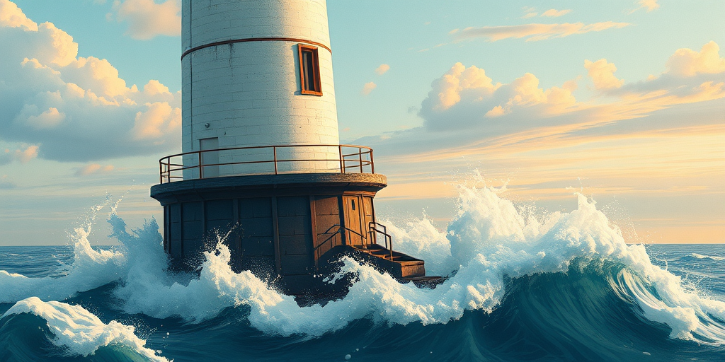 Create a high-resolution vintage lighthouse illustration with intricate details, focusing on the waves crashing around the base, shot with a Canon EOS R5 at f/8, ISO 100, 50mm lens in vibrant color, using a slight overhead angle.