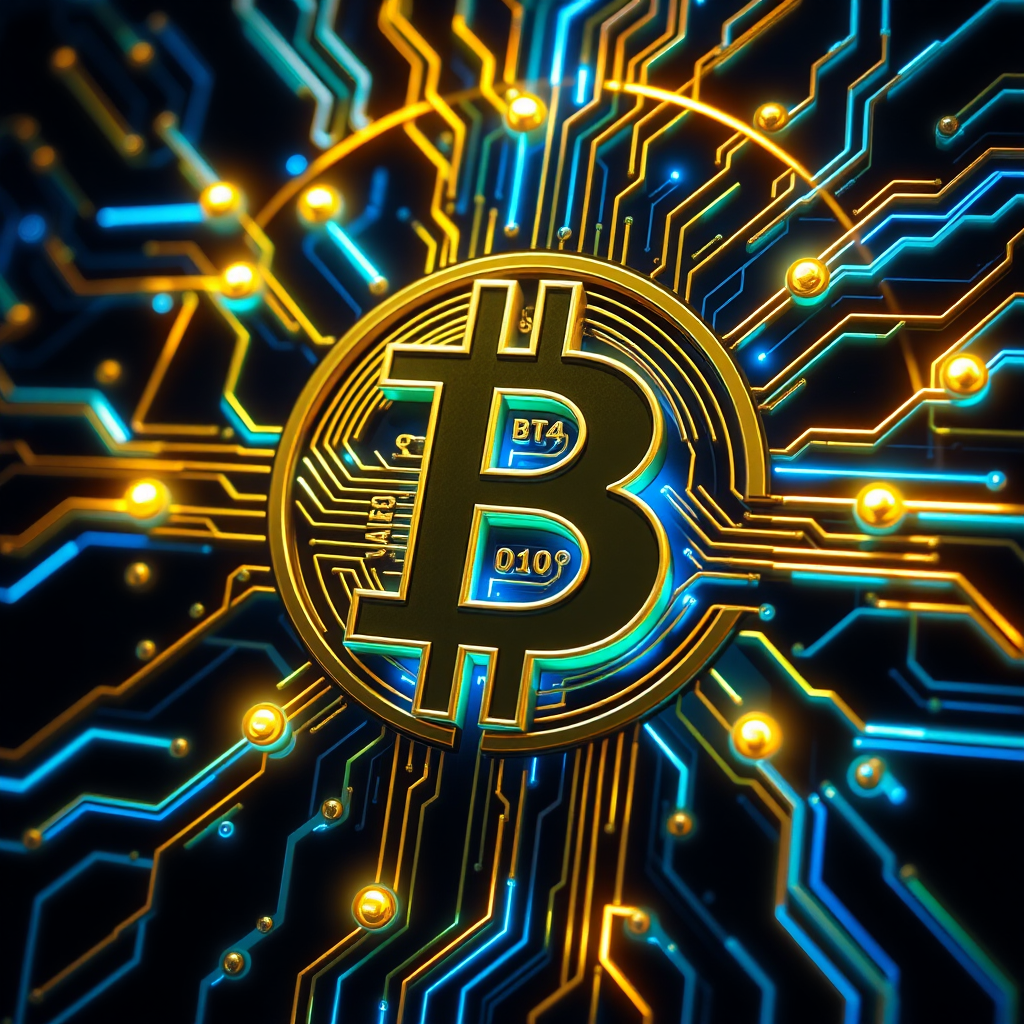 Imagine a Bitcoin symbol (₿) intricately designed as part of a futuristic, glowing circuit board. The ₿ is central, composed of metallic gold and silver lines, seamlessly blending into the web of circuits surrounding it. Blue and green LED-style lights trace through the circuits, making it look like Bitcoin is powering a digital network. The background is dark, with neon accents highlighting the tech vibe, symbolizing the digital and decentralized nature of Bitcoin