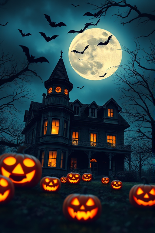 Generate a spooky Halloween scene featuring a haunted mansion with jack-o'-lanterns in the foreground under a moonlit sky, with bats flying overhead, captured with a Canon EOS R5 at f/2.8, ISO 100, 24mm wide-angle lens, soft focus style, twilight setting.