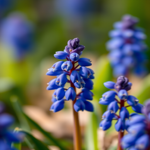 Macro shot of blue Muscari flowers with a shallow depth of field, f/2.8 aperture, ISO 100, 50mm lens, soft natural lighting, DSLR camera, focus on flower details.