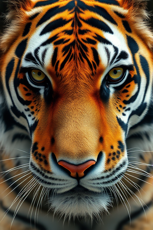 Create a highly detailed digital illustration of a tiger's face, focusing on realistic textures and colors, using a Canon EOS 5D Mark IV with a 100mm f/2.8 macro lens, set to f/8 for depth of field, ISO 200 for low noise, and shot in natural light to enhance vibrancy and clarity.