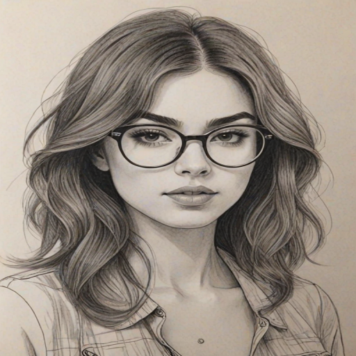 Graceful Charlie XCX, pencil sketch, portrait of Attractive woman 1972s in glasses, hair style beatnik, outline, clear lines, fine lines, 8k