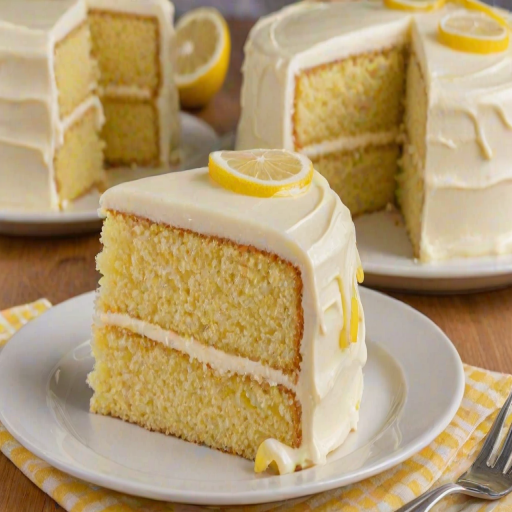 Create an image of a slice of lemon cake with a creamy lemon frosting. The cake should have two layers, showcasing a moist, fluffy texture. The slice is presented on a white plate, with a light yellow checkered background. Add a few lemon slices or zest on top for decoration.