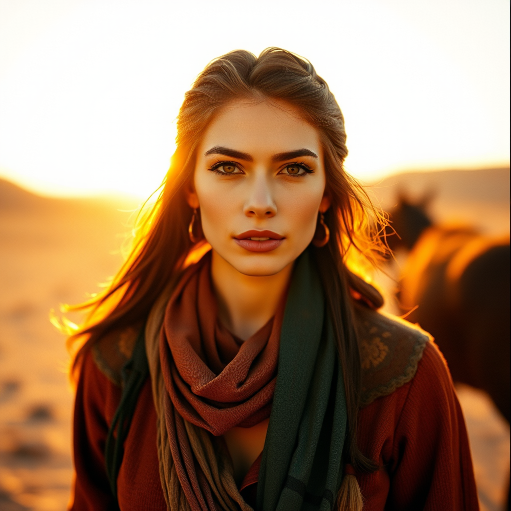 Dramatic photo of a beautiful Kazakh woman, classic cowboy attire, confident and free spirit expression, half-length portrait, centered, golden hour desert landscape, warm, diffused light, low angle, medium format film camera, in style of Annie Leibovitz.