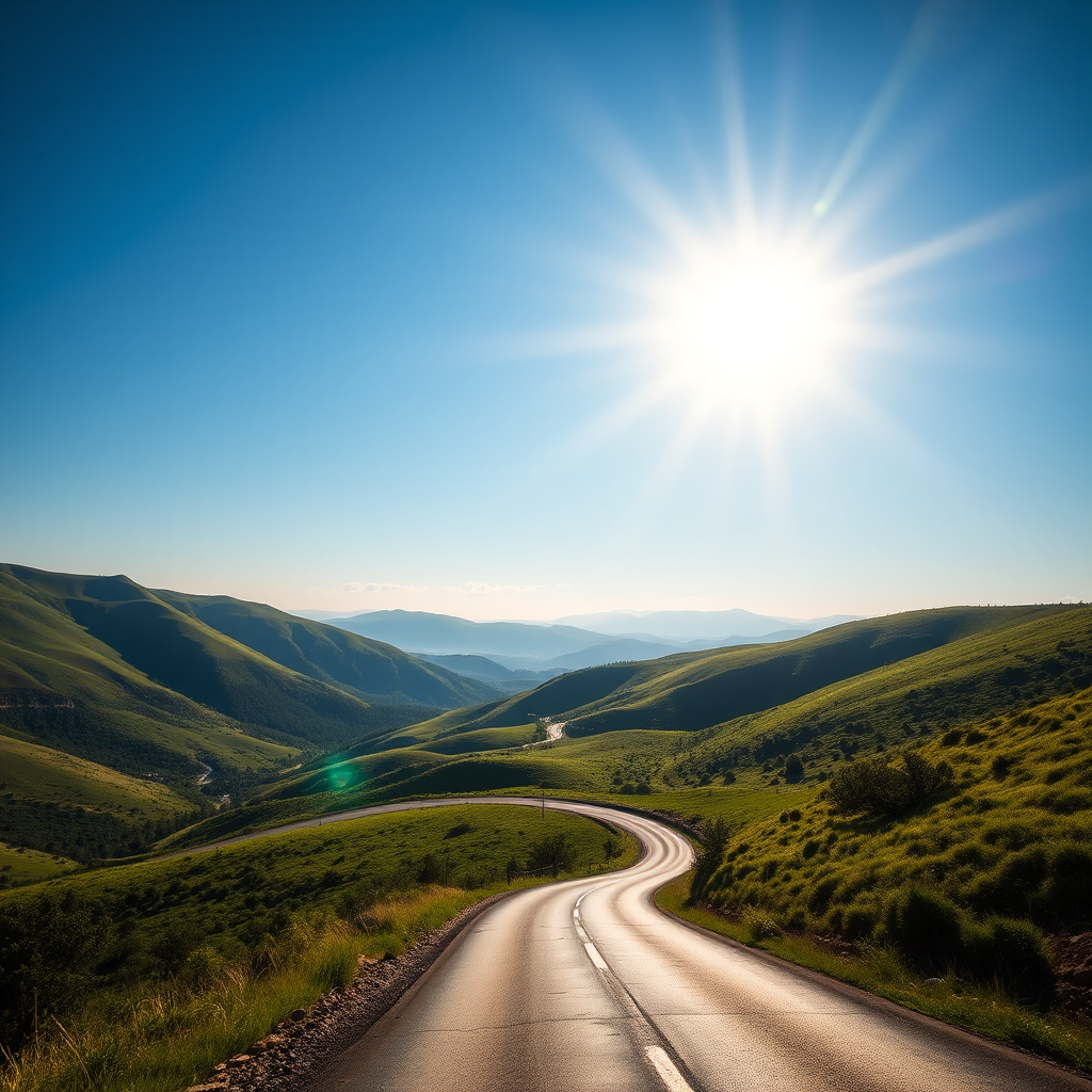 A scenic landscape featuring a winding road through green hills under a clear blue sky with sun rays, captured with a DSLR camera at f/8 aperture, 1/200 sec shutter speed, ISO 200, wide-angle lens, high dynamic range style.