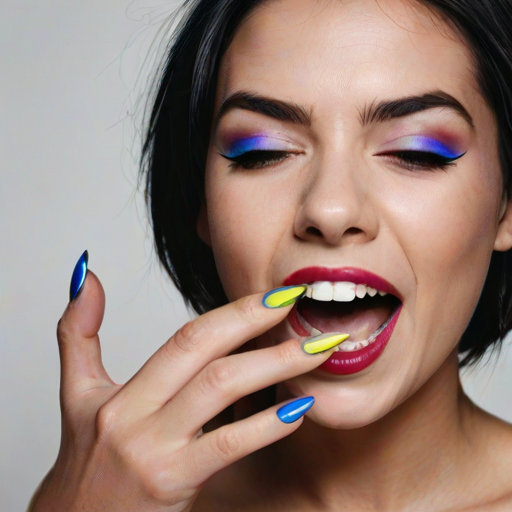 detailed edges, detailed image, perfection style, A cinematic detailed image of a laughing woman with colorful nails covering her eyes with both her hands, movie themed, sharp, detailed background, epic cinematic photography, artistic style, dramatic light style, cinematic color style, Kodak 35mm film style, detailed style, hand focus style, 1girl, solo, open mouth, simple background, white background, teeth, nail polish, lips, lipstick, blue nails, realistic, yellow nails, makeup, parody, black hair, portrait