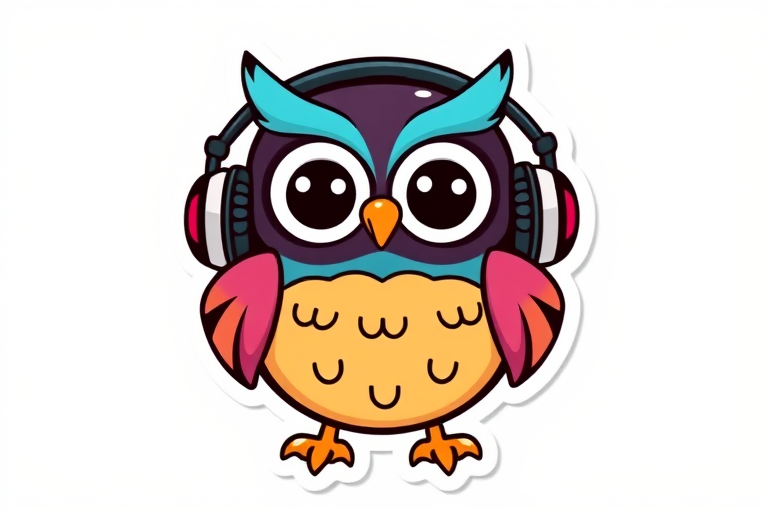 sticker, Happy Colorful Owl wearing Headphones, kawaii, contour, vector, white background