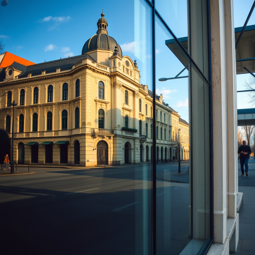Capture a vibrant reflection of a historic building in modern glass architecture, using a Canon EOS R5 with a 50mm lens, f/2.8 aperture, 1/200 sec shutter speed, and ISO 100, in a bright afternoon setting with a focus on detail and color contrast.