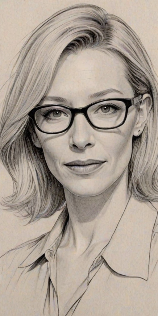 Enchanting Cate Blanchett, pencil sketch, portrait of Pleasing woman 1967s in glasses, hair style beatnik, outline, clear lines, fine lines, 8k