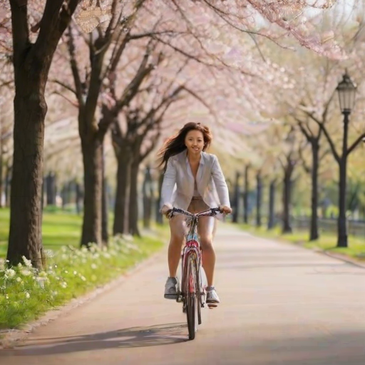 Blurry action shot of a woman riding a bicycle through a scenic park, her hair blowing in the wind, with blooming cherry blossom trees lining the path in soft focus.