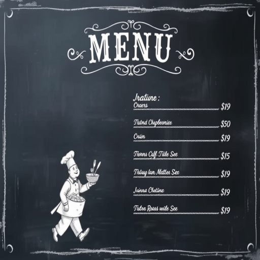 Create a vintage-style chalkboard menu design featuring ornate typography at the top and a hand-drawn chef carrying a basket of food on the bottom left, using a DSLR camera with a 50mm lens, f/1.8 aperture, ISO 100, and soft natural lighting to enhance the texture and contrast.