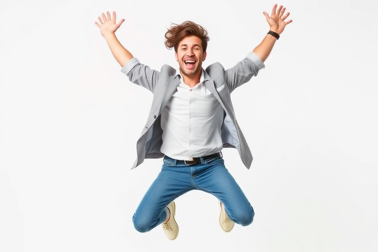 A cheerful man jumping mid-air against a plain white background, 50mm lens, f/2.8 aperture, ISO 100, shutter speed 1/500s, natural light, front view, portrait orientation, DSLR camera.