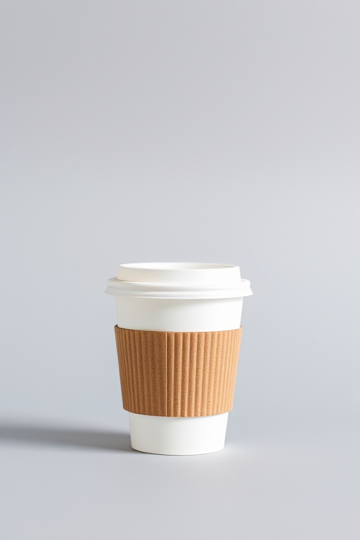 Create a high-resolution image of a coffee cup with a cardboard sleeve on a plain gray background, using a Canon EOS 5D Mark IV with a 50mm f/1.8 lens, aperture set to f/2.8, ISO 100, and a shallow depth of field for a soft background blur, angled slightly to the right to showcase the sleeve texture.