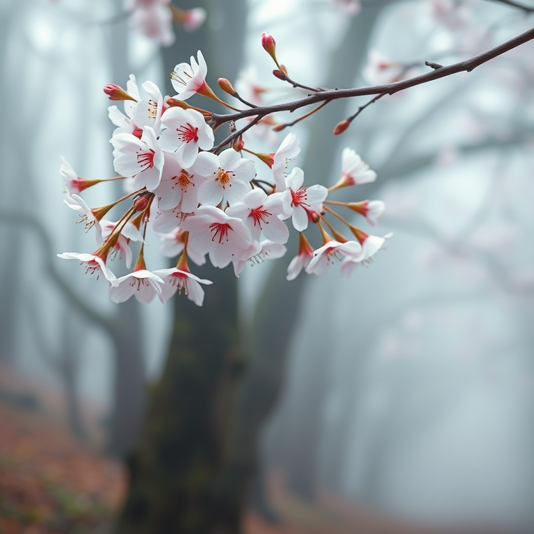 Generate an elegant illustration of cherry blossoms hanging from a branch in a misty forest setting, with soft pastel colors and a serene atmosphere, using a Canon EOS R5, f/2.8 aperture, 35mm lens, ISO 100, in a portrait orientation for a rich depth of field.