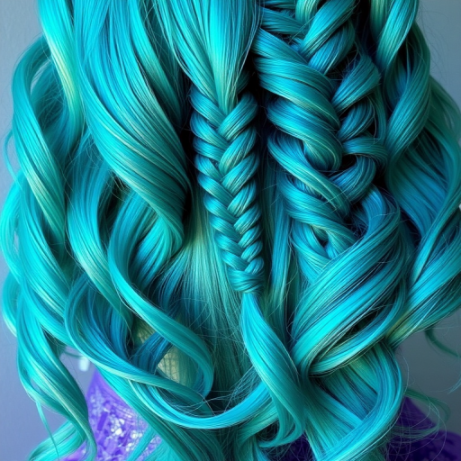Vibrant teal mermaid waves cascading down to the waist, shimmering with iridescent highlights, known as "Ocean's Whisper" style, featuring intricate braids woven throughout