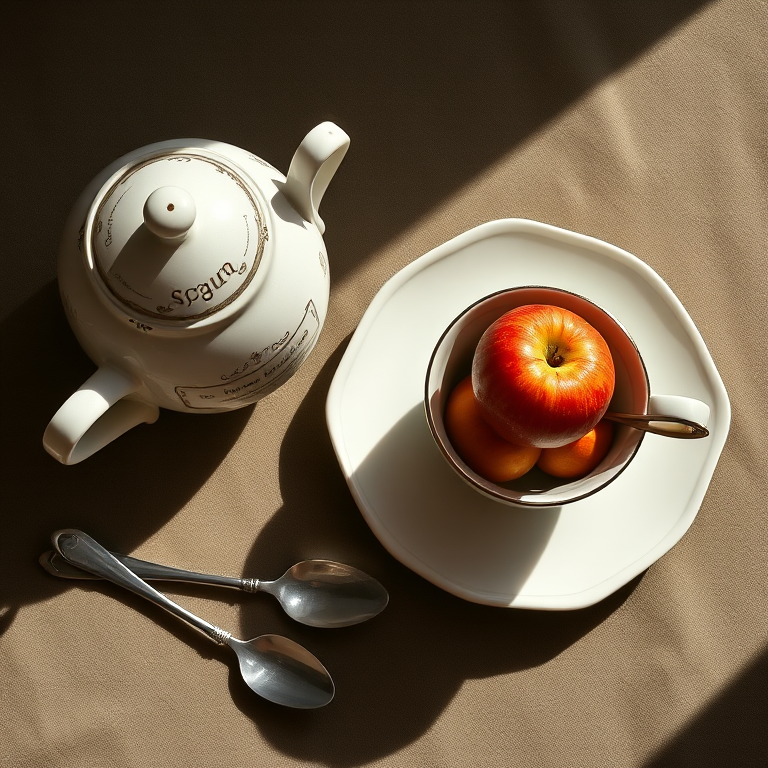 vintage still life illustration of a decorative sugar bowl, a bowl of apples, a fancy cup with saucer, and two silver spoons, captured with a 50mm lens, f/2.8 aperture, natural soft lighting, high-resolution DSLR camera, top-down view