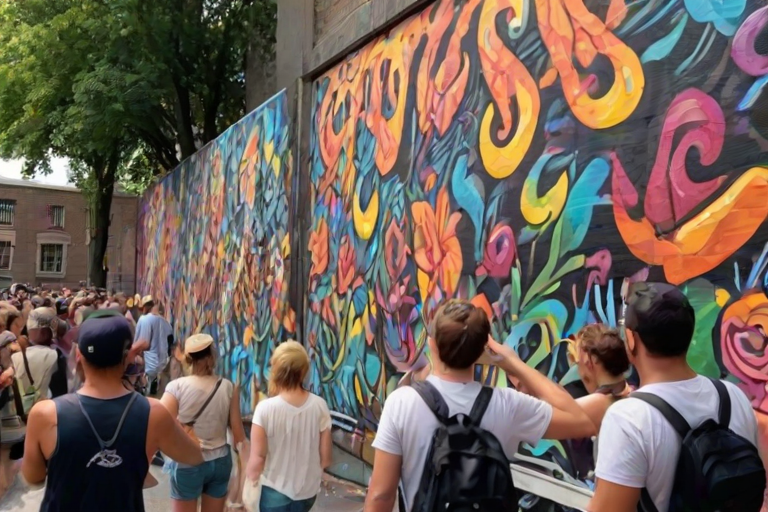 Vibrant street art festival, with artists creating large murals, spectators taking photos, and the sound of music filling the air, creating a lively atmosphere.