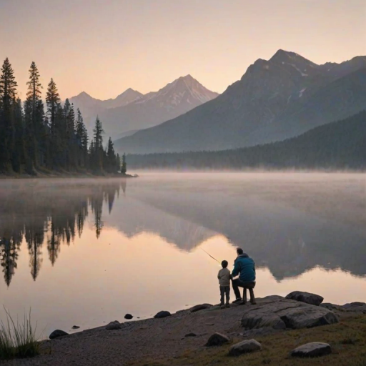 Warmly lit, intimate photo of a father teaching his young son how to fish at dawn, soft mist rising from the lake, with distant mountains bathed in pastel hues from the rising sun.