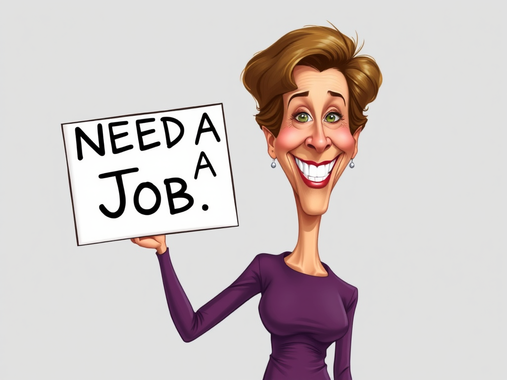 caricature of a smiling Annette Bening in a Plum dress or suit, holding up a sign that says "NEED A JOB", no watermark,