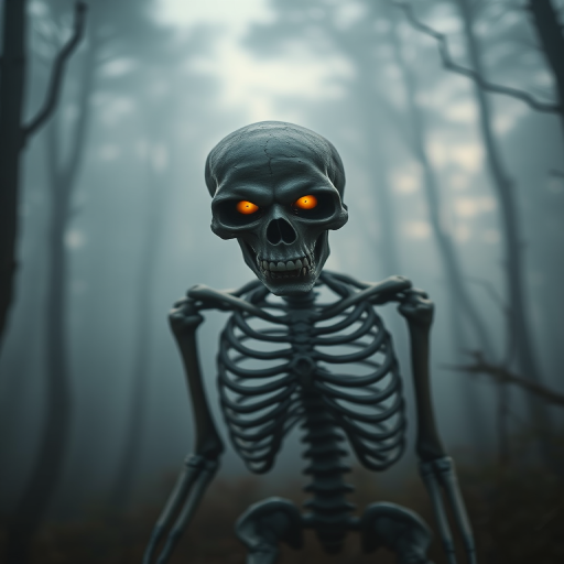 Create a high-resolution image of a skeletal zombie emerging from a foggy forest at dusk, emphasizing glowing yellow eyes, using a Canon EOS R5 with a 50mm f/1.2 lens, aperture f/2.8, ISO 400, and a shallow depth of field to enhance details in the foreground while softly blurring the background.