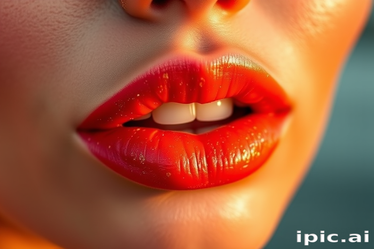 Vibrant coral sunset lips with shimmering gold flecks, called "Tropical Twilight," feature a glossy finish and subtle ombré effect, perfect for summer evenings and beach parties