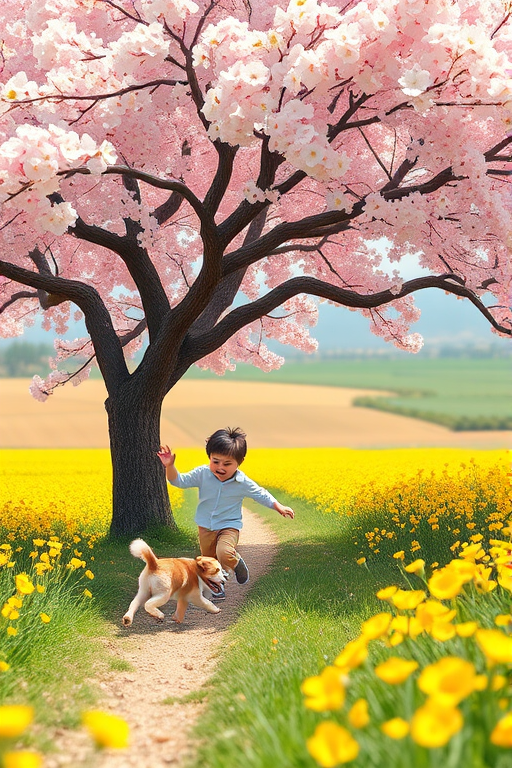 Generate a vibrant illustration of a child racing with a dog under a blooming cherry blossom tree, in a bright, colorful landscape with fields of yellow flowers, shot with a Canon EOS R5, 50mm lens, f/1.8 aperture, ISO 100, natural soft light, capturing a whimsical and joyful atmosphere.