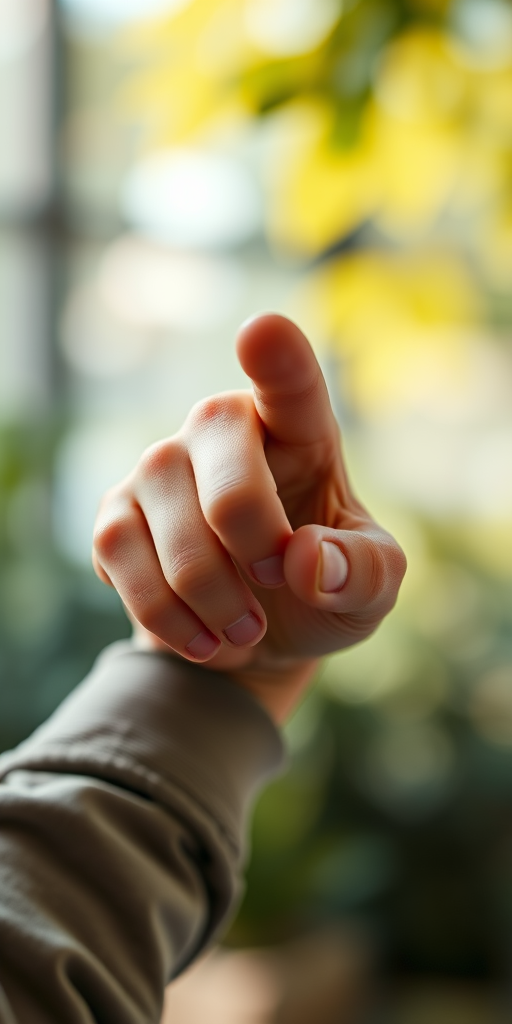 Create a high-resolution image of a hand pointing, using a Canon EOS R5, 50mm lens, f/2.8 aperture, ISO 100, 1/125 shutter speed, soft natural lighting, and a shallow depth of field to enhance detail and focus on the hand.