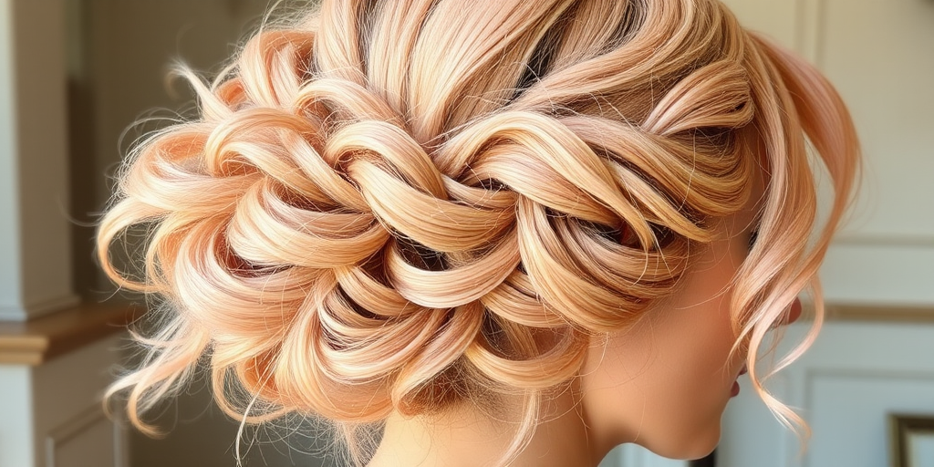Pastel peach locks fashioned into a romantic, Grecian-inspired updo with delicate gold leaf accents and flowing tendrils, capturing the essence of "Aphrodite's Blush"