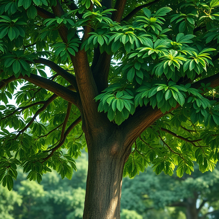 Regenerate a detailed illustration of a lush green tree with a thick trunk and abundant foliage, using a DSLR camera with a 50mm lens, aperture set to f/2.8, ISO 100, natural lighting for enhanced color vibrancy, and a shallow depth of field to focus on the tree against a blurred background.