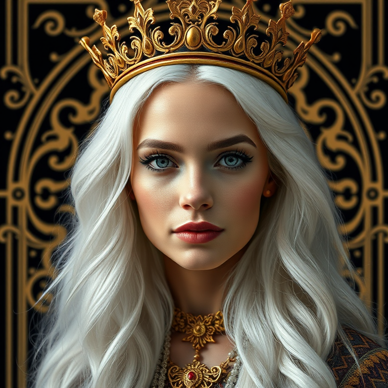 Generate an ultra-detailed digital portrait of a regal woman with long white hair and a golden crown, set against a black and gold Art Nouveau inspired background, shot with a Canon EOS R5, 85mm lens, f/1.2 aperture, ISO 100, in soft natural lighting to enhance features and colors.