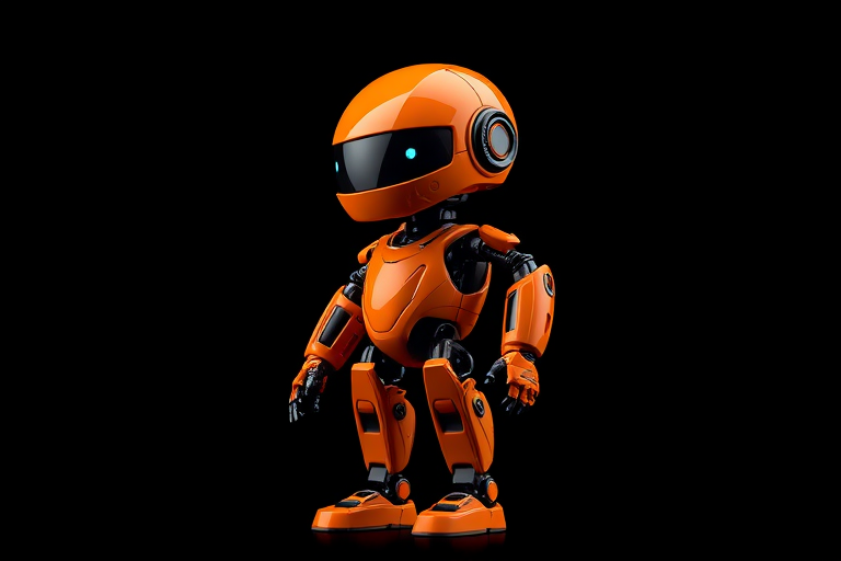 Create an image of a futuristic orange robot with a sleek design, standing upright against a solid black background, captured with a DSLR camera at f/2.8, ISO 100, 50mm lens, in high dynamic range style, using a three-point lighting setup to enhance details and shadows.