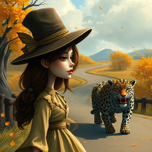 digital art fantasy depicting a strange girl with brown hair, long eyelashes, Yellow lipstick and a tall hat walking along a winding road on an autumn afternoon, an Jaguar smiles as she passes