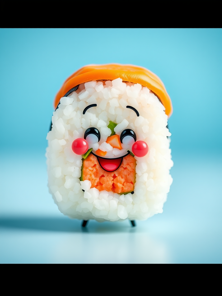 sushi character with a smiling face on a light blue background, using a shallow depth of field, DSLR camera, f/2.8 aperture, 50mm lens, soft natural lighting, high contrast colors