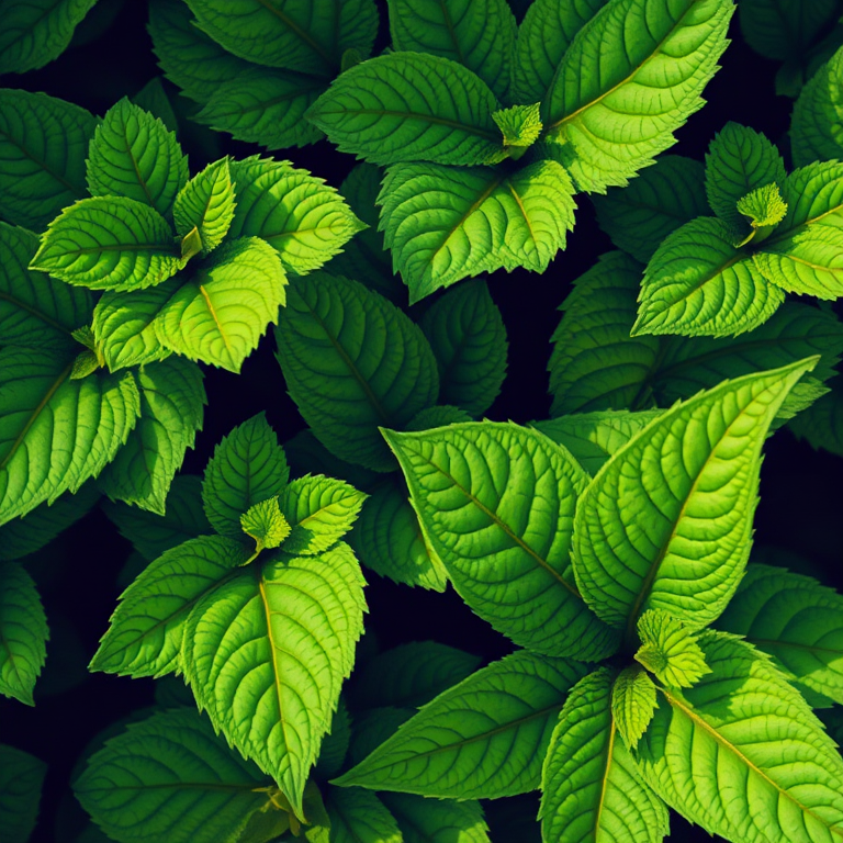 Create a highly detailed botanical illustration of lush green plants with intricate leaf patterns, shot with a DSLR camera at f/8 aperture, ISO 100, and a 50mm lens, using natural light to enhance the vibrancy and texture of the foliage in a macro view.