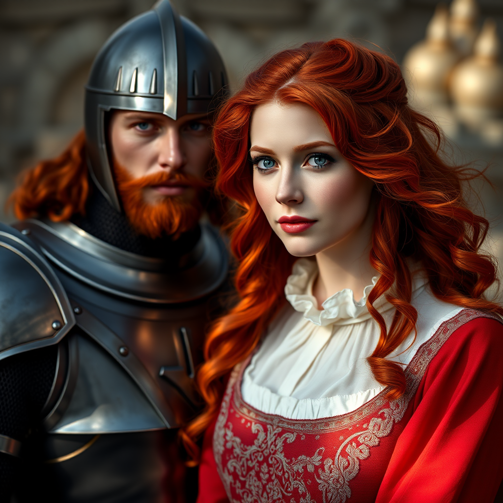 Create a high-resolution digital portrait of a red-haired knight and a red-haired lady, with a soft-focus background, using a Canon EOS R5, 50mm f/1.2 lens, aperture set to f/2.8, natural lighting for vibrant colors, and a slightly elevated angle for dramatic effect.