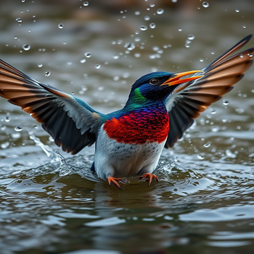 A vibrant bird splashing in water with wings spread wide, droplets frozen in motion, captured using a DSLR camera with an aperture of f/2.8, shutter speed of 1/1000s, ISO 400, 50mm lens, shot from a low angle for dramatic effect, high dynamic range imaging for enhanced detail and color saturation.