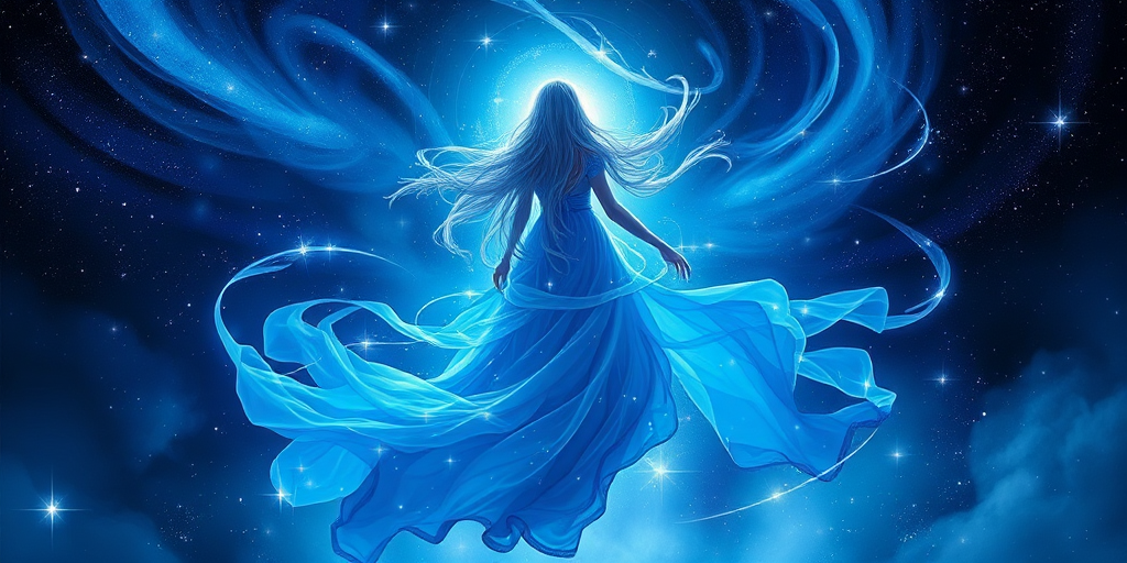A mystical figure in a flowing blue gown surrounded by swirling cosmic lights and ethereal stars in a dreamy night sky.