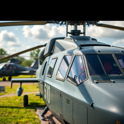 high-resolution image of a military helicopter on display outdoors, capturing a side view with natural lighting, aperture f/8, shutter speed 1/250s, ISO 100, DSLR camera, wide-angle lens, vibrant colors and sharp details