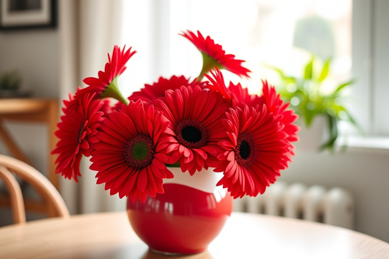 A vibrant bouquet of red gerbera daisies in a glossy white and red vase on a round table, natural light illuminating the scene through a nearby window, camera settings 50mm lens, f/2.8 aperture, ISO 200, shot at a shallow depth of field for a soft background bokeh.