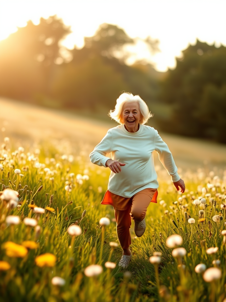 Capture a joyful elderly couple running through a dandelion-filled meadow during golden hour with a 50mm lens, f/1.8 aperture, ISO 200, and soft natural lighting to enhance warmth and clarity, shot in portrait orientation with a shallow depth of field.