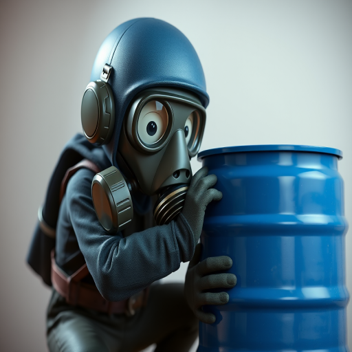 3D character wearing a gas mask interacting with a blue barrel, high resolution, 50mm lens, f/2.8 aperture, soft natural lighting, studio setup, shot from a slightly low angle to emphasize the character's action.