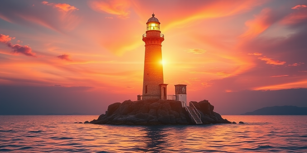 Generate an image of a tall lighthouse perched on a rocky outcrop surrounded by calm ocean waters during a breathtaking sunset. The lighthouse stands sturdy and weathered, its stone surface illuminated by the warm golden light of the setting sun. The sun's rays pass directly through the glass lantern room at the top of the lighthouse, casting a brilliant light across the scene. The sky is painted with vibrant shades of orange, pink, and purple, reflecting off the tranquil sea. The surrounding water shimmers with the same warm hues, creating a serene and majestic atmosphere.