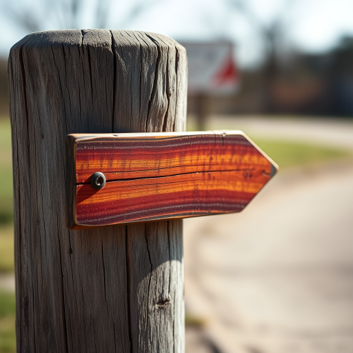 Create an image of a weathered wooden post with a directional arrow sign, shot in a close-up view with a 50mm lens on a DSLR camera, settings at f/2.8, ISO 100, 1/200s, with natural lighting for enhanced texture and depth.