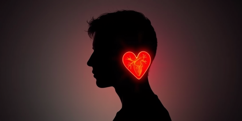 Create an abstract image of a human silhouette with a glowing red heart at the center, soft focus, ISO 100, aperture f/2.8, shutter speed 1/60s, shot in portrait mode, using a DSLR camera with a 50mm lens.